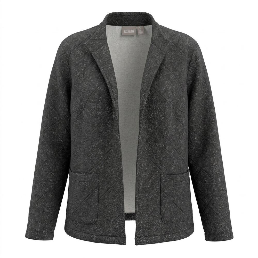 Chico's Gray Textured Knit Open Front Patch Pocket Jacket Women Size 2